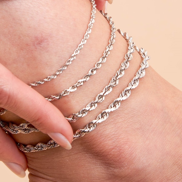 Solid 10k White Gold Rope Chain Anklet / Diamond Cut Twisted Chain / 9 to 10 inch / 1mm 2mm 3mm 4mm / Unisex Men's Women's / Gift for Her