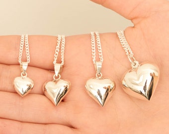 Silver Puffed Heart Charm Pendant Necklace / 925 Sterling Silver Heart Necklace / Love Valentines Gift for Her