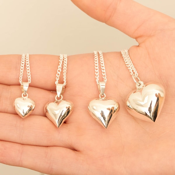 Silver Puffed Heart Charm Pendant Necklace / 925 Sterling Silver Heart Necklace / Love Valentines Gift for Her
