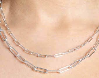 Silver Paperclip Necklace / 925 Sterling Silver / Oval Link Chain / 16 18 20 24 30 inch / Italian / Gift for Her / Paper Clip Necklace