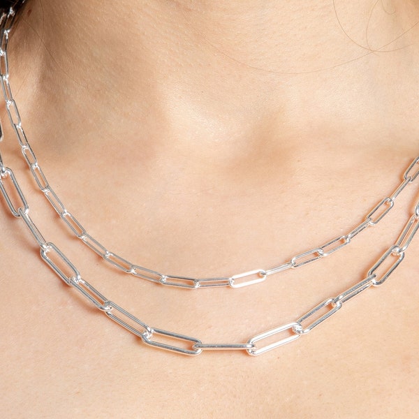 Silver Paperclip Necklace / 925 Sterling Silver / Oval Link Chain / 16 18 20 24 30 inch / Italian / Gift for Her / Paper Clip Necklace