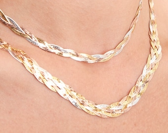 Tricolor Gold Braided Herringbone Chain Necklace / 925 Sterling Silver / 14k Yellow & Rose Gold Plated / Twisted Flat Snake /16 18 20 inches