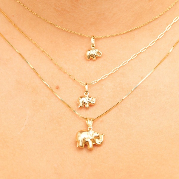 14k Gold Elephant Necklace / Yellow Gold Elephant Charm Pendant / Unisex Men's Women's / Gift for Him & Her