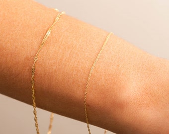 14k Gold Singapore Chain Bracelet / Solid 14k Yellow Gold / Dainty Thin Twisted Chain Bracelet / 7 inch / Unisex Men's Women's / Gift
