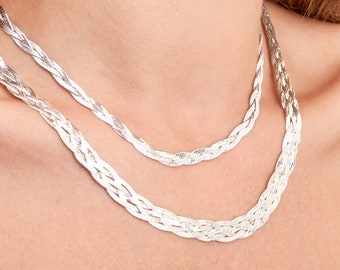 Silver Braided Herringbone Chain Necklace / 925 Sterling Silver / Twisted Flat Snake Chain / 16 18 20 inches / Women's Gift for Her