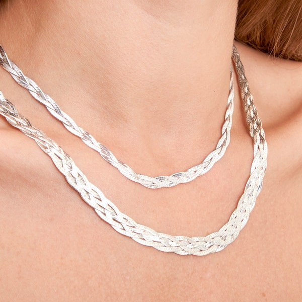 Silver Braided Herringbone Chain Necklace / 925 Sterling Silver / Twisted Flat Snake Chain / 16 18 20 inches / Women's Gift for Her