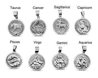 Silver Zodiac Necklace / 925 Sterling Silver / Coin Pendant / Zodiac Sign Chain Necklace / Unisex Men Women - Gift for Him & Her