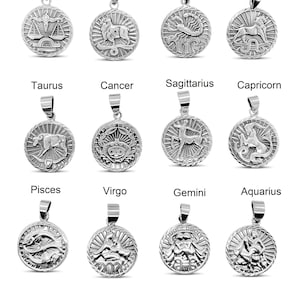 Silver Zodiac Necklace / 925 Sterling Silver / Coin Pendant / Zodiac Sign Chain Necklace / Unisex Men Women - Gift for Him & Her