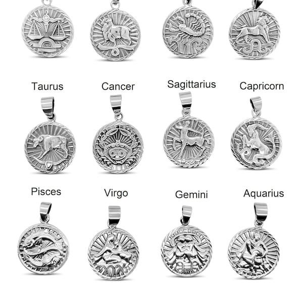 Collier Zodiac en Argent / Argent Sterling 925 / Pendentif Pièce / Collier Chaîne Signe Du Zodiaque / Unisexe Hommes Femmes - Cadeau pour Lui & Elle