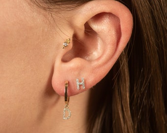 Diamond Initial Earring / Solid 14k Gold / Letter Earring / Huggie Earring / Personalized Earring / Custom Earring / Gold Letter Monogram