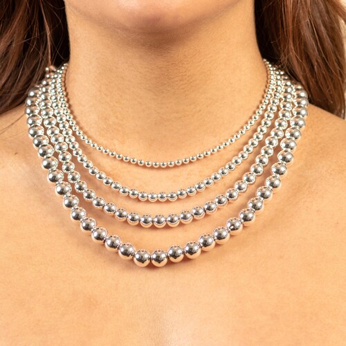 Solid 925 Sterling Silver Moon Cut Ball Bead Chain Necklace Etsy