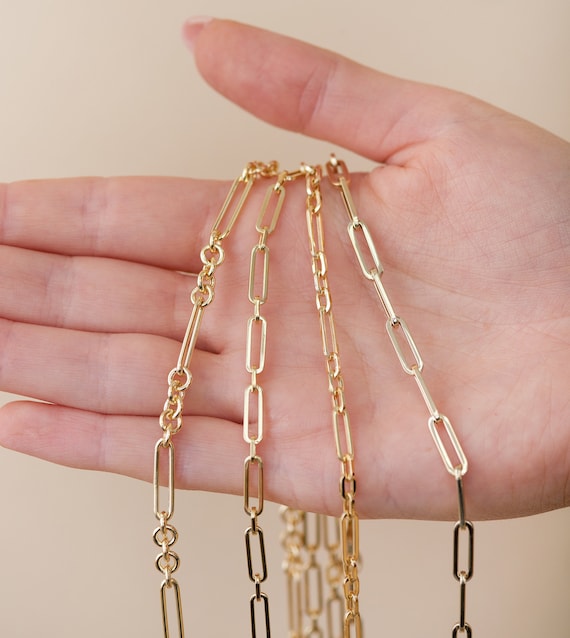 14k Gold Paperclip Link Chain Necklace Oval Link Chain