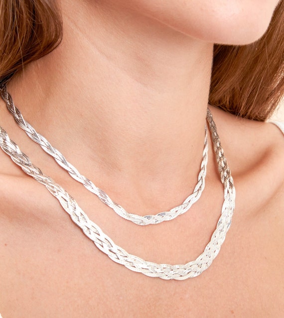 Silver Braided Herringbone Chain Necklace / 925 Sterling Silver