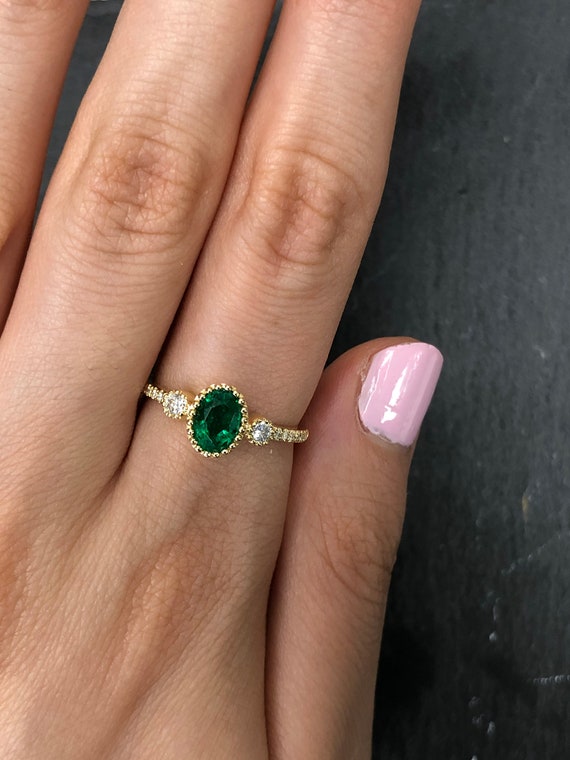 Anillo de 18k / Esmeralda Ovalada Diamante / - Etsy México