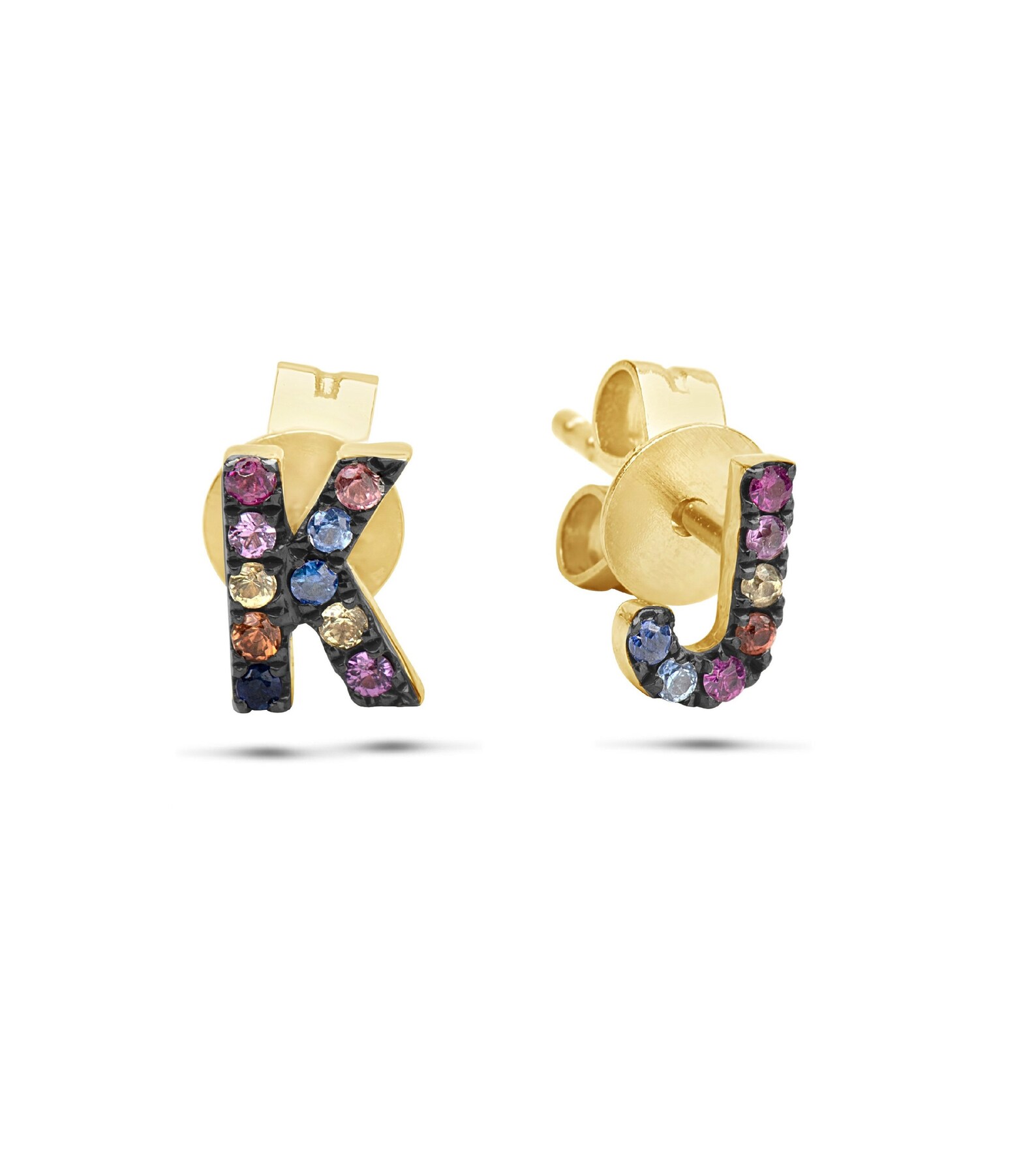 Rainbow Initial Earring / Solid 14k Gold / Letter Earring / Etsy