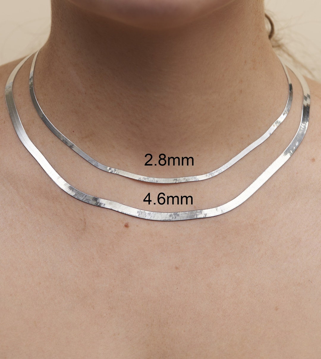 14k White Gold Herringbone Chain Necklace / Solid 14k White Gold / Flat