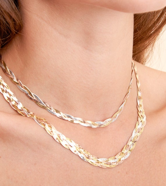 Tricolor Gold Braided Herringbone Chain Necklace / 925 Sterling