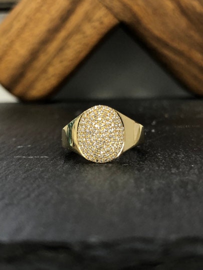 Diamond Oval Pinky Ring / Diamond Signet Ring / Solid 14k Gold - Etsy