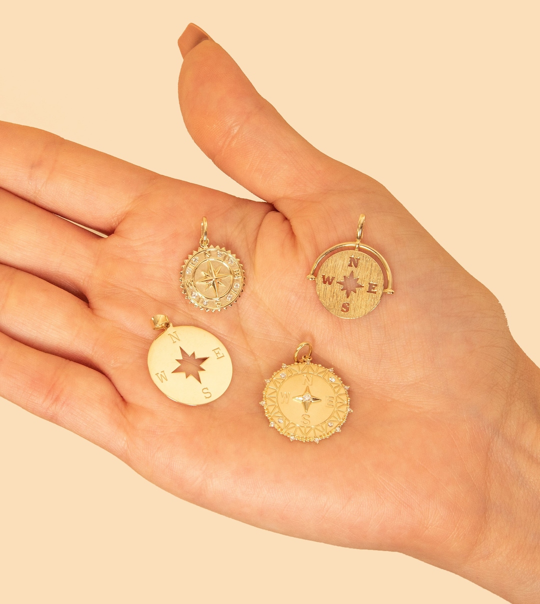14k Gold Compass Necklace / Solid 14k Gold / Compass Charm Pendant / Medallion Disc / Nautical