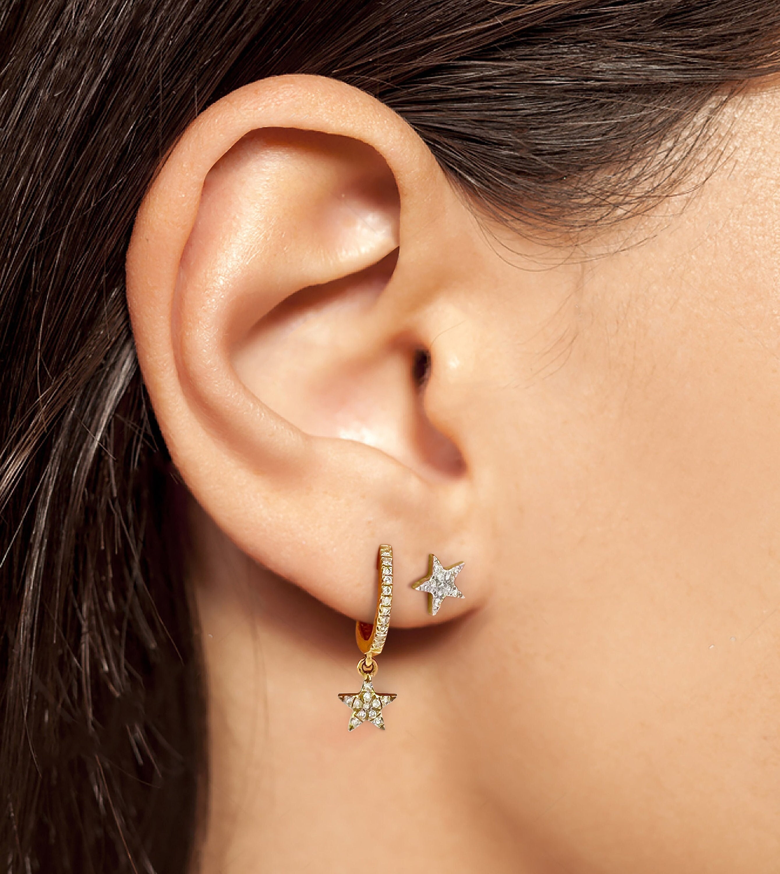 Diamond Star Earrings Solid 14k Gold Second Hole Stud Etsy