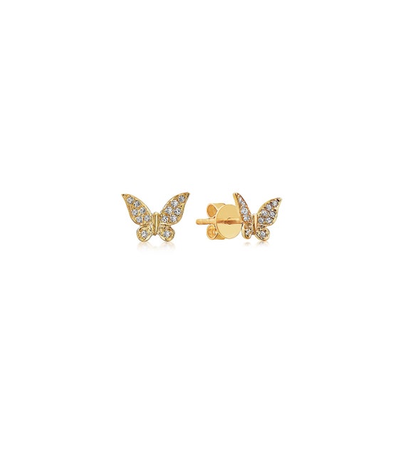 Diamond Butterfly Stud Earrings / Solid 14k Gold / Real | Etsy