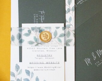 May include: A wedding invitation suite with a green and white color scheme. The invitation features a watercolor design of eucalyptus leaves and a gold wax seal. The text on the invitation reads "The Future" and includes the date, time, and location of the wedding. The RSVP card includes the couple's names and wedding website.