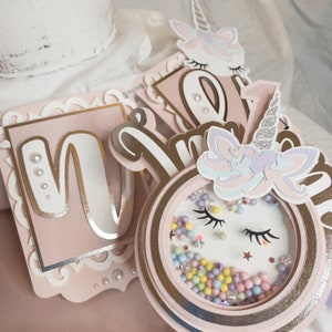 Unicorn Birthday Party Decor - One Year Birthday, Banner, Highchair Banner, Highchair Skirt,  Cake Topper, Cupcake Topper, Centerpiece