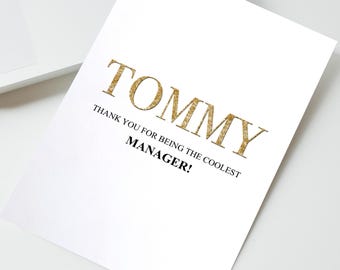 Employee to Manager Thank you Card - Personalised Coolest Boss with Custom Name in Gold, Modern Elegant Appreciation Card