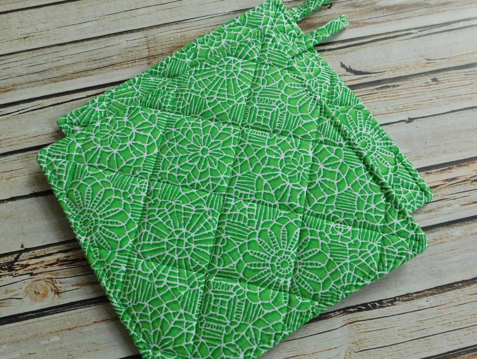 Green Floral Potholder Set Bright Green Pot Holders Lace Etsy