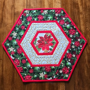 Reversible Christmas Quilted Table Topper - Poinsettia Hexagon Holiday Table Quilt, 18.5&quot; x 21.5&quot; - Handmade Christmas Centerpiece