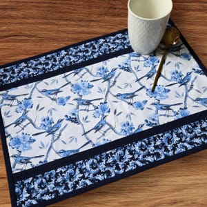 Reversible Quilted Placemats - Set of 4 - Bluebirds and Floral Table Mats - Handmade Dining Table Decor - Cotton Placemat Gift Set