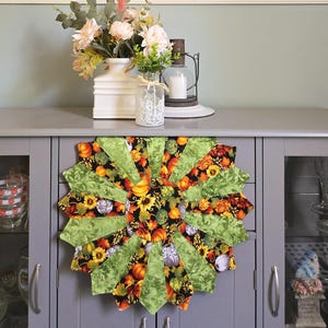 Quilted Dresden Table Topper, Autumn Orange & Green Fabric Centerpiece; One-of-a-Kind Sewn 18" Starburst