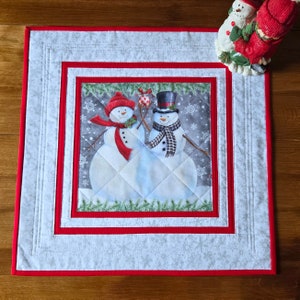 Handmade Winter Quilted Table Topper - 20&quot; Snowman Wall Hanging - Patchwork Square Red and White Table Quilt
