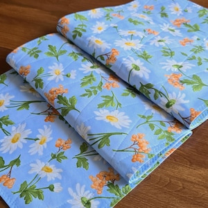 Handmade Quilted Table Runner - Reversible Blue Floral Table Topper -  Daisy Table Quilt 12&quot; x 40&quot;