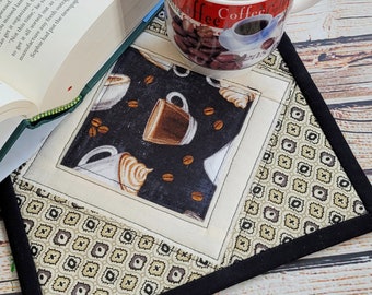 Scrappy Coffee Quilted Snack Mat - Patchwork Black Cream Brown Mug Rug - 8" x 8" Square