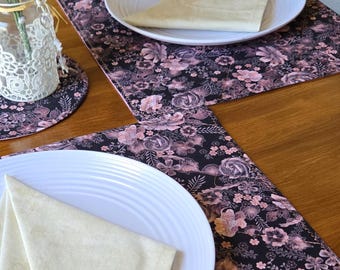 Reversible Quilted Rectangular Placemat Set, Black and Pink Table Mats, Set of 4