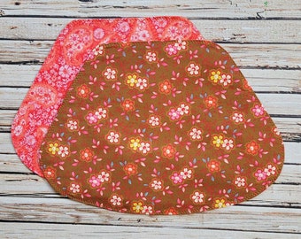 Brown Floral Wedge Placemats - Set of 4 Reversible Coral Salmon Paisley Placemats for a Round Table