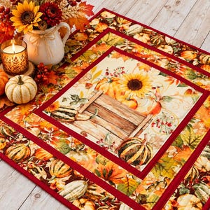 Handmade Fall Patchwork Wall Hanging, Quilted Autumn Table Topper with Pumpkins, Thanksgiving Decor 22.5" x 22.5"