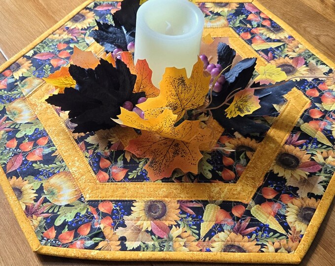 Reversible Fall Quilted Table Topper - Sunflowers & Pumpkins Hexagon ...