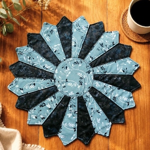 Peut inclure: Un set de table circulaire en tissu avec un motif en rayons de soleil, composé de panneaux alternés en tissu bleu clair à motifs de feuilles blanches et en tissu bleu marine chiné. Le centre est une pièce ronde en tissu bleu clair à feuilles.