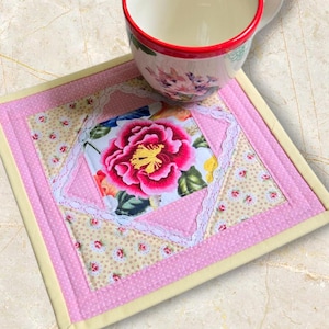 Handmade Quilted Mug Rug - Pink & Yellow Floral Patchwork Coaster - Spring Cottagecore Drink Mat - Summer Cotton Table Accessory
