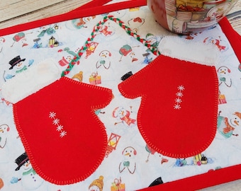 Winter Mittens Mug Rug - Appliqued Quilted Snack Mat -  Red and White Mittens Mini Placemat for Coffee