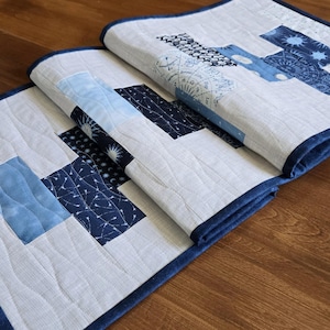 Navy Blue and Cream Starry Sky by Moda Quilted Fabric Pieced Table Runner 43&quot; x 13.5&quot;