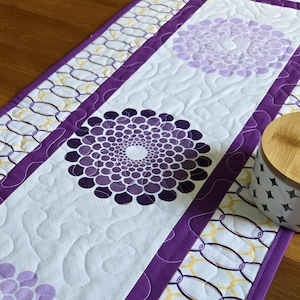 Peut inclure: Chemin de table matelassé avec un fond blanc et des motifs floraux violets. Le chemin de table a une bordure violette et un motif géométrique sur les bords. Un petit pot blanc avec un couvercle en bois est également visible.