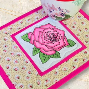 Hand Painted Mug Rug - Pink Rose Patchwork Quilted Snack Mat - Mini Placemat for Coffee