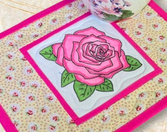 Hand Painted Mug Rug - Pink Rose Patchwork Quilted Snack Mat - Mini Placemat for Coffee