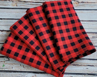 Farmhouse Red Black Plaid Napkins - Set of 4 Cotton Cloth Rustic Table Decor - Country Kitchen Napkins