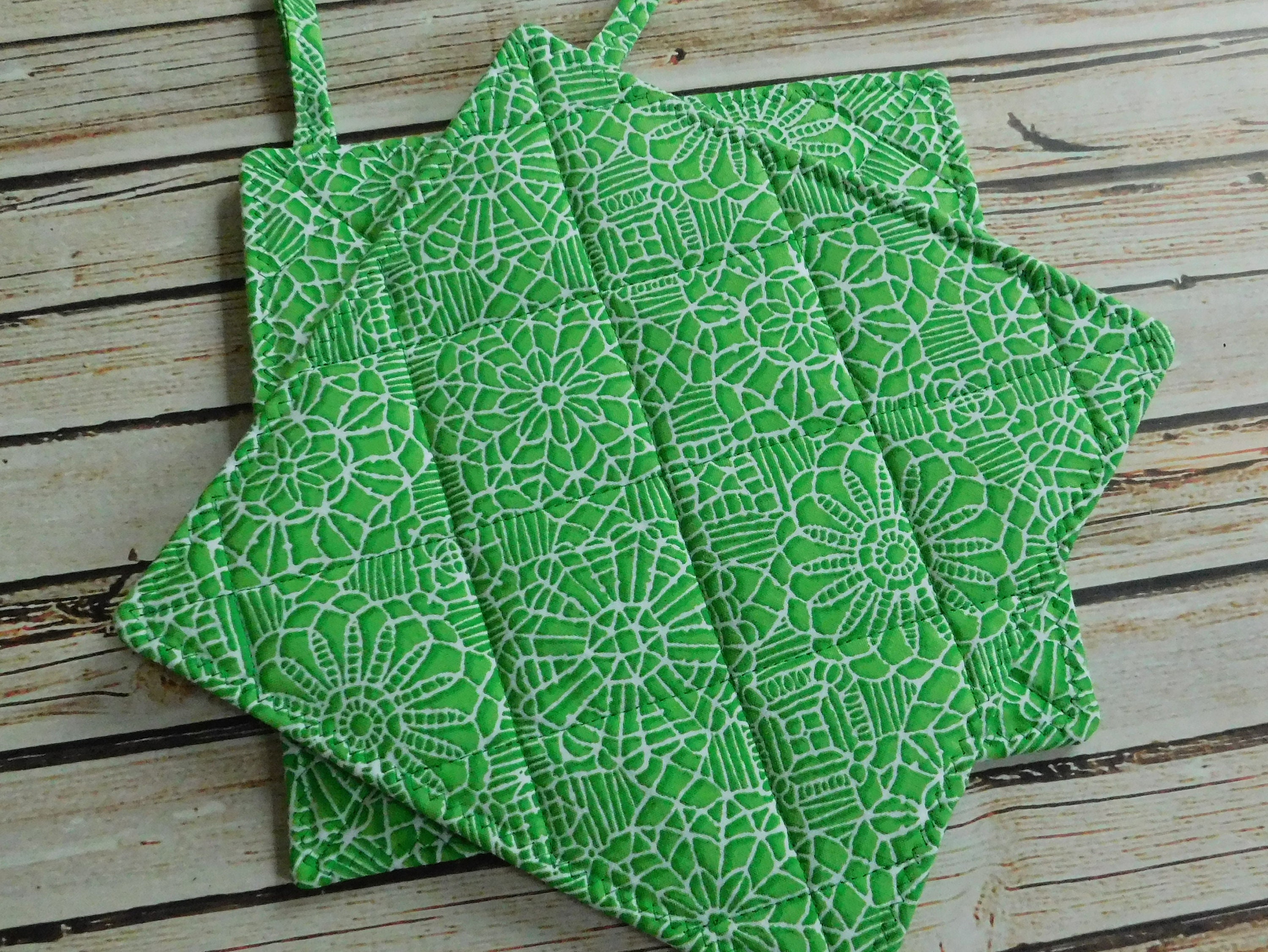 Green Floral Potholder Set Bright Green Pot Holders Lace Etsy