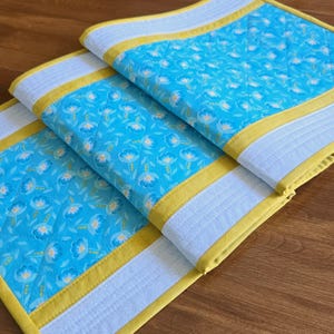 Handmade Quilted Floral Table Runner - Pieced Blue, Yellow and White Table Topper - 41&quot; x 13&quot; Modern Table Quilt