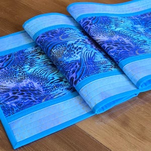 Handmade Quilted Table Runner - Pieced Blue, Teal and Purple Table Topper - Patchwork Camouflage Table Quilt 13.75&quot; x 40&quot;
